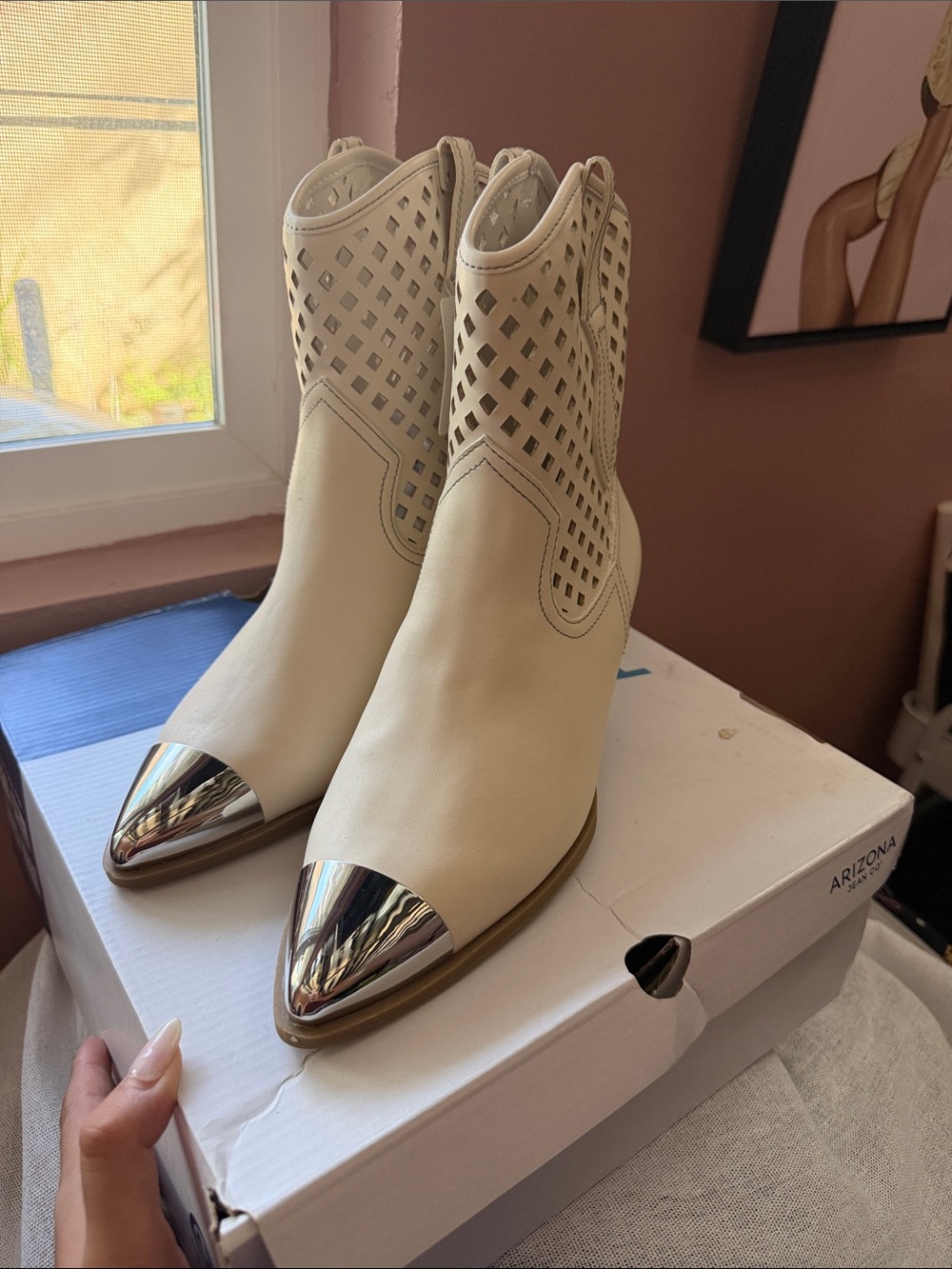 Arizona Jean Company Cream Ankle Boots with Silver Toe Caps